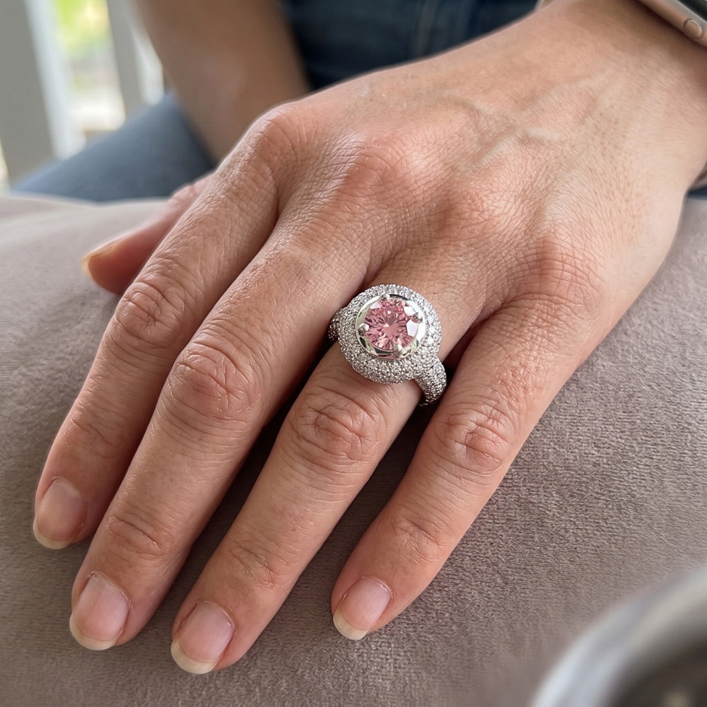 3,21 ct runder rosa Halo-Edelstein-Ring Weißgold