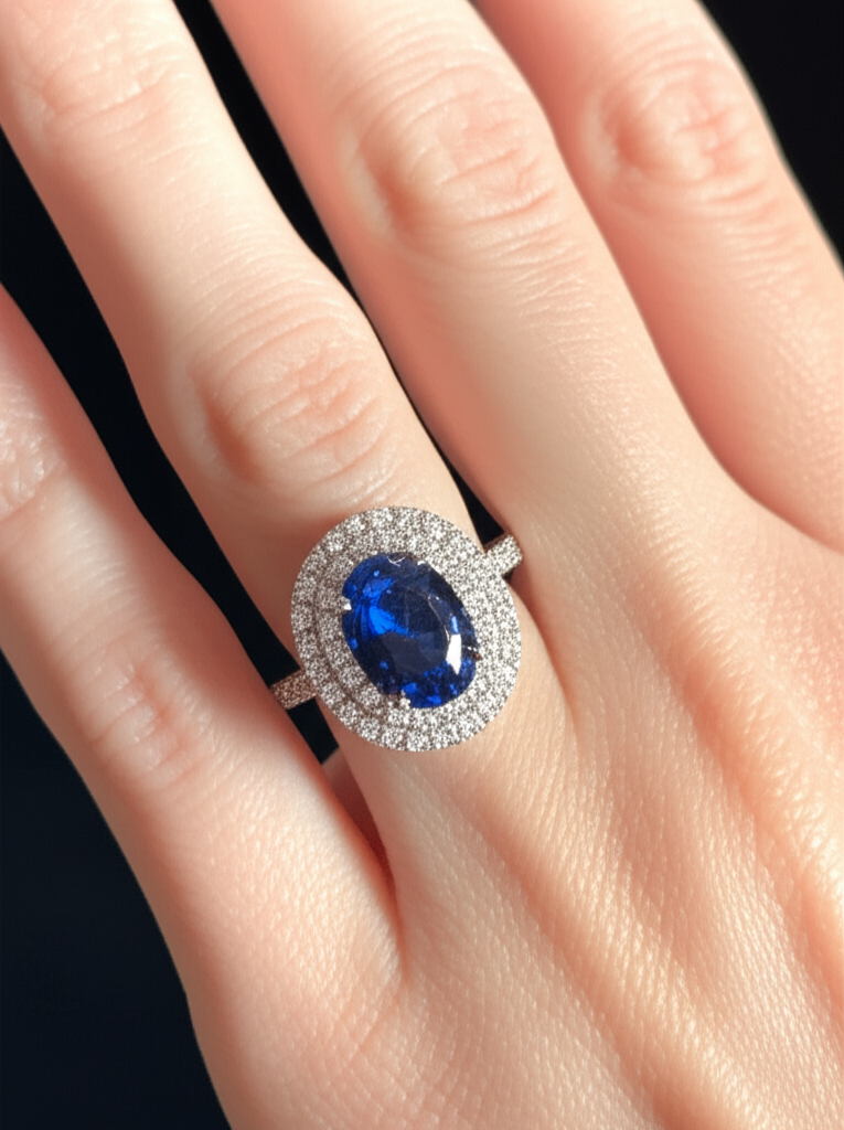 3,40 Kt Ovaler Ceylon Saphir mit runden Aus der Erde Abgebauter Natürlicher Diamanten Ring Weißgold