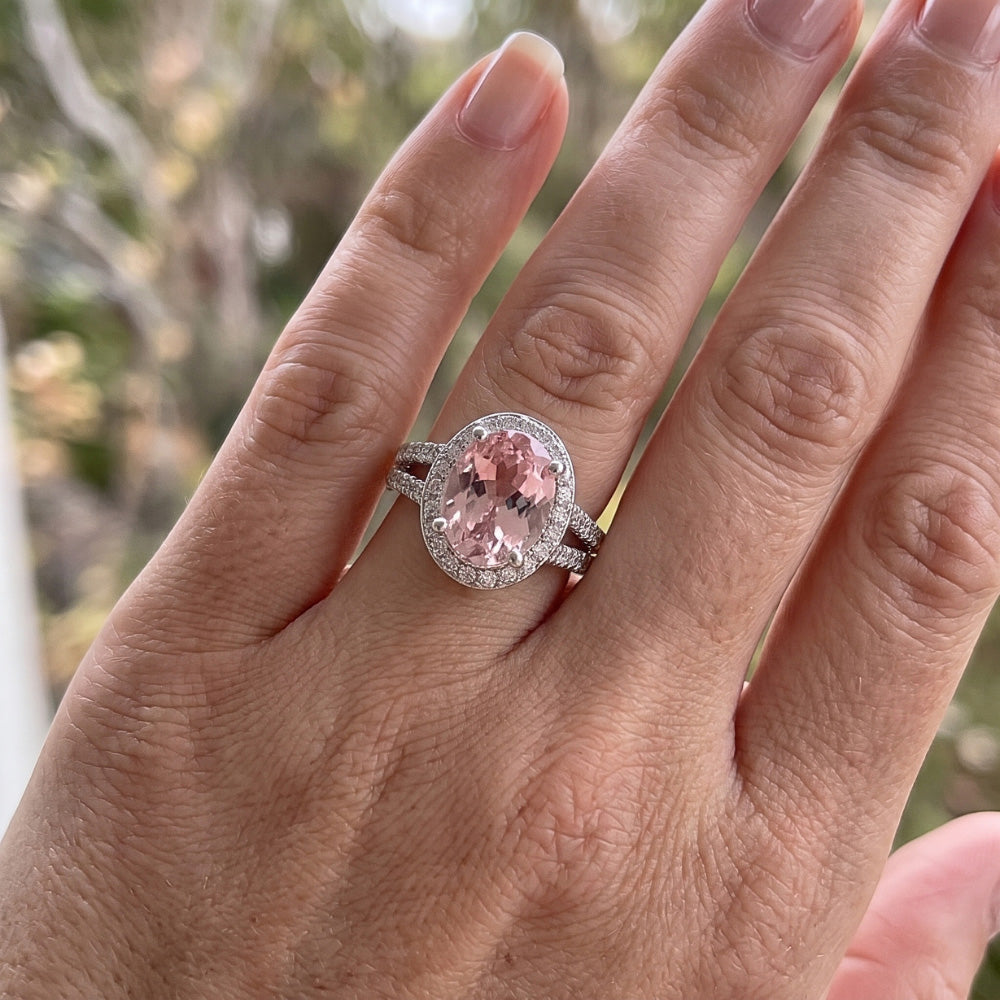 3,73 ct Krappenfassung Halo Pink Edelstein Ovaler Aus der Erde Abgebauter Natürlicher Diamantring