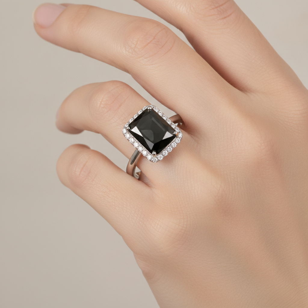 Schwarzer Diamantschmuck 3,5 Karat echter Radiant-Halo-Ring aus 14 Karat Weißgold