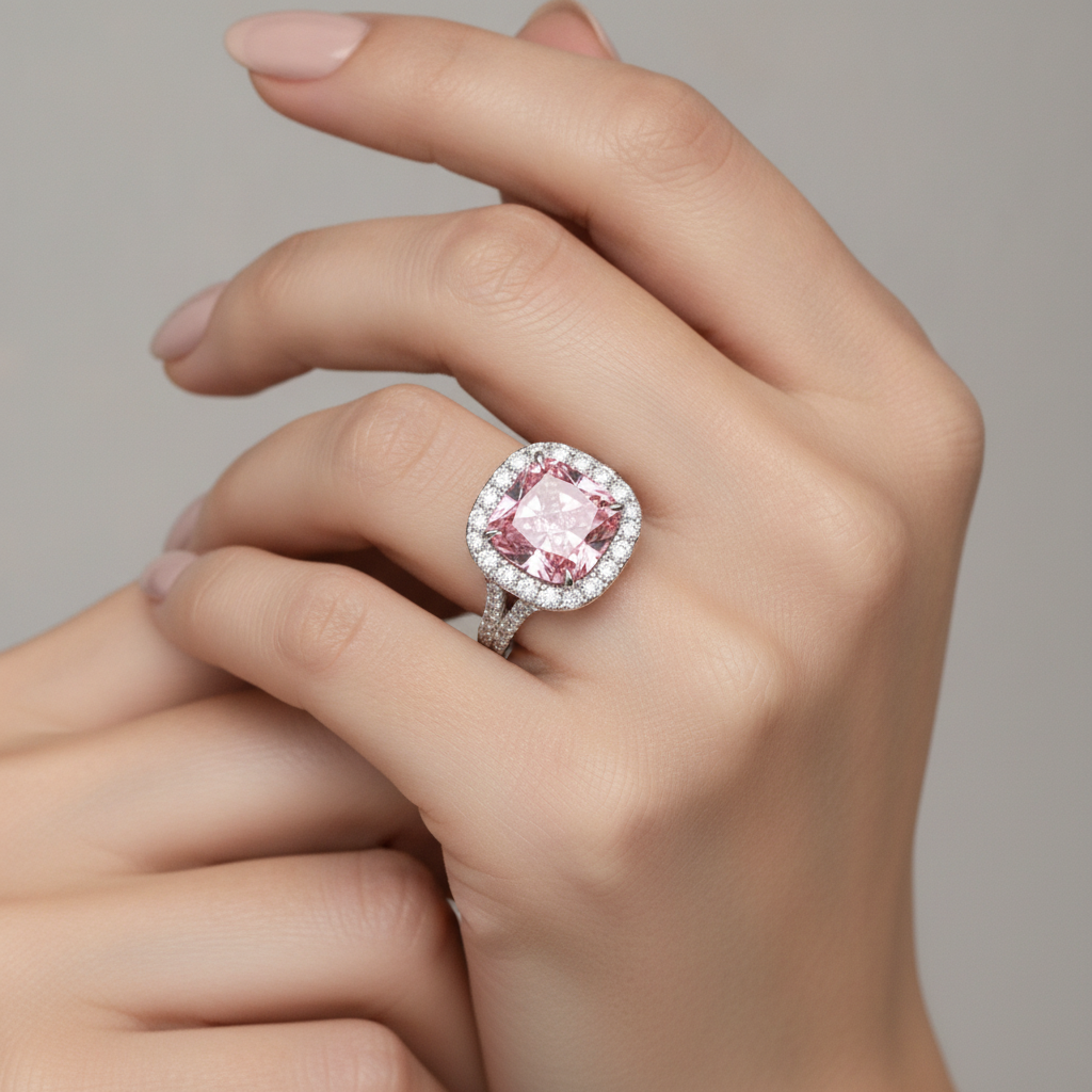 Im Labor gezüchteter rosa Diamantring 4,5 Karat Kissenschliff Halo 14 Karat Weißgold