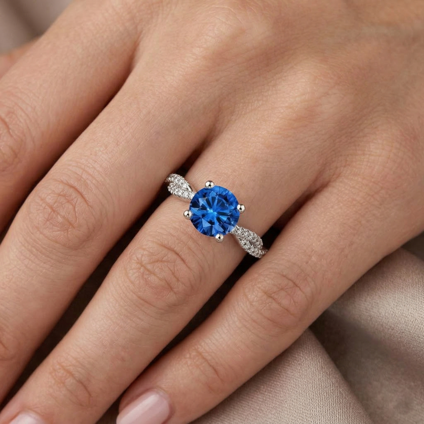 4.90 ct Runder Ceylon Saphir Aus der Erde Abgebauter Natürlicher Diamanten Ring Weißgold 14K