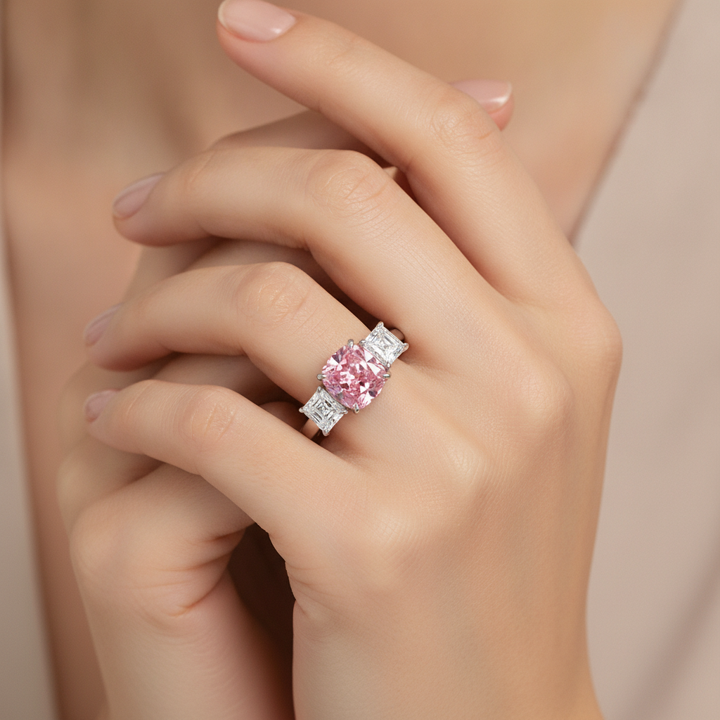 Rosa Verlobungsring 5,5 Karat im Labor gezüchteter Diamant im Kissenschliff Drei-Stein 14 Karat Weißgold