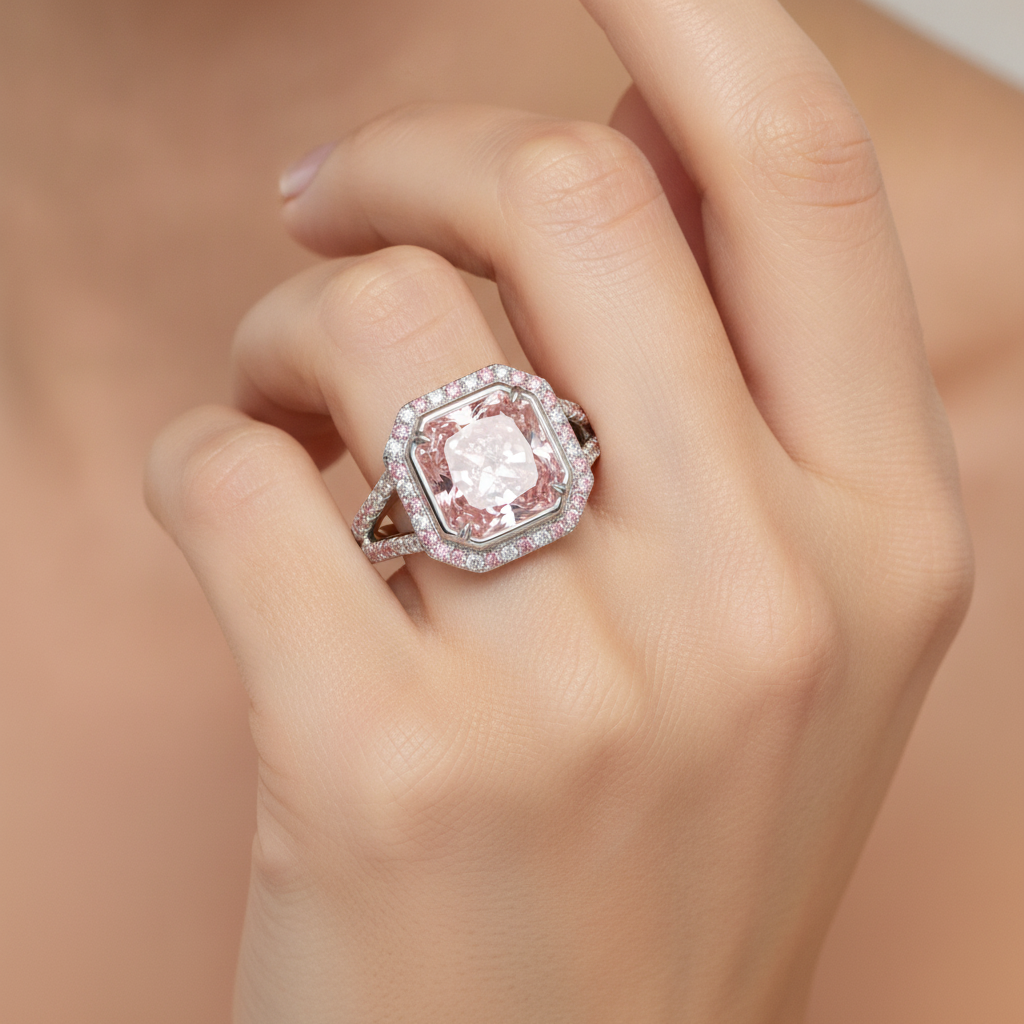 Rosa Verlobungsring 5,5 Karat im Labor gezüchteter Diamant im Radiant-Schliff Halo geteilte Ringschiene 14 Karat Weißgold