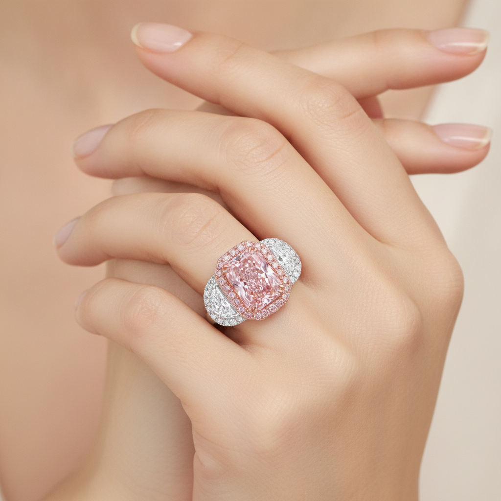 Verlobungsring mit rosa Diamant, 5,5 Karat, im Labor gezüchtet, Radiant-Halo, schlicht, 14 Karat Weißgold