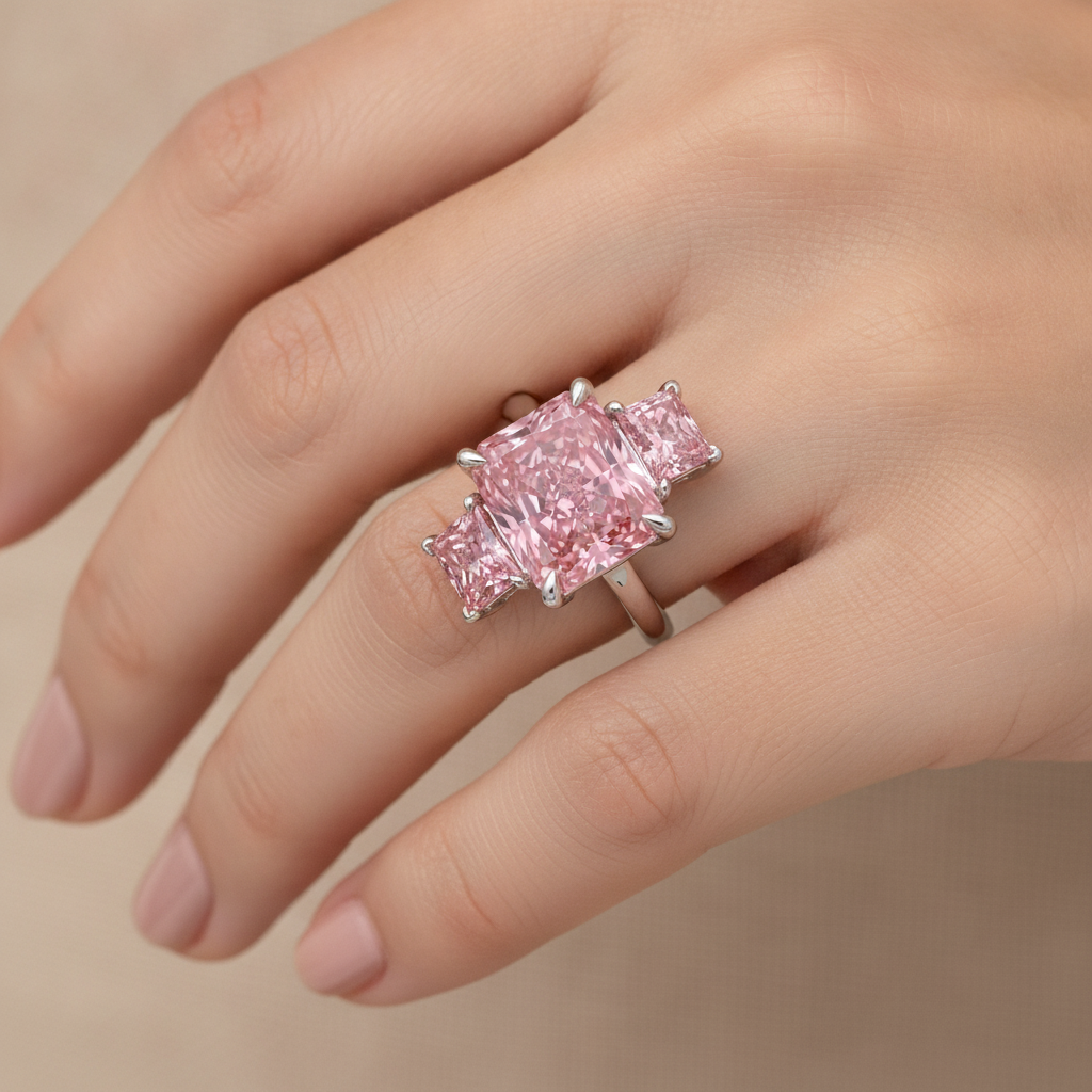 Verlobungsring mit rosa Diamant, 5,5 Karat, im Labor gezüchtet, Radiantschliff, drei Steine, schlicht, 14 Karat Weißgold