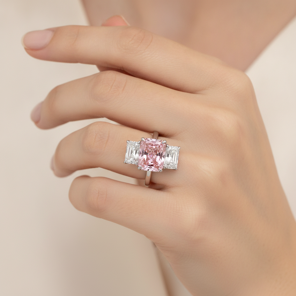 Verlobungsring mit rosa Stein, 5,5 Karat im Labor gezüchteter Diamant im Radiant-Schliff, Drei-Kathedralen-Design, 14 Karat Weißgold