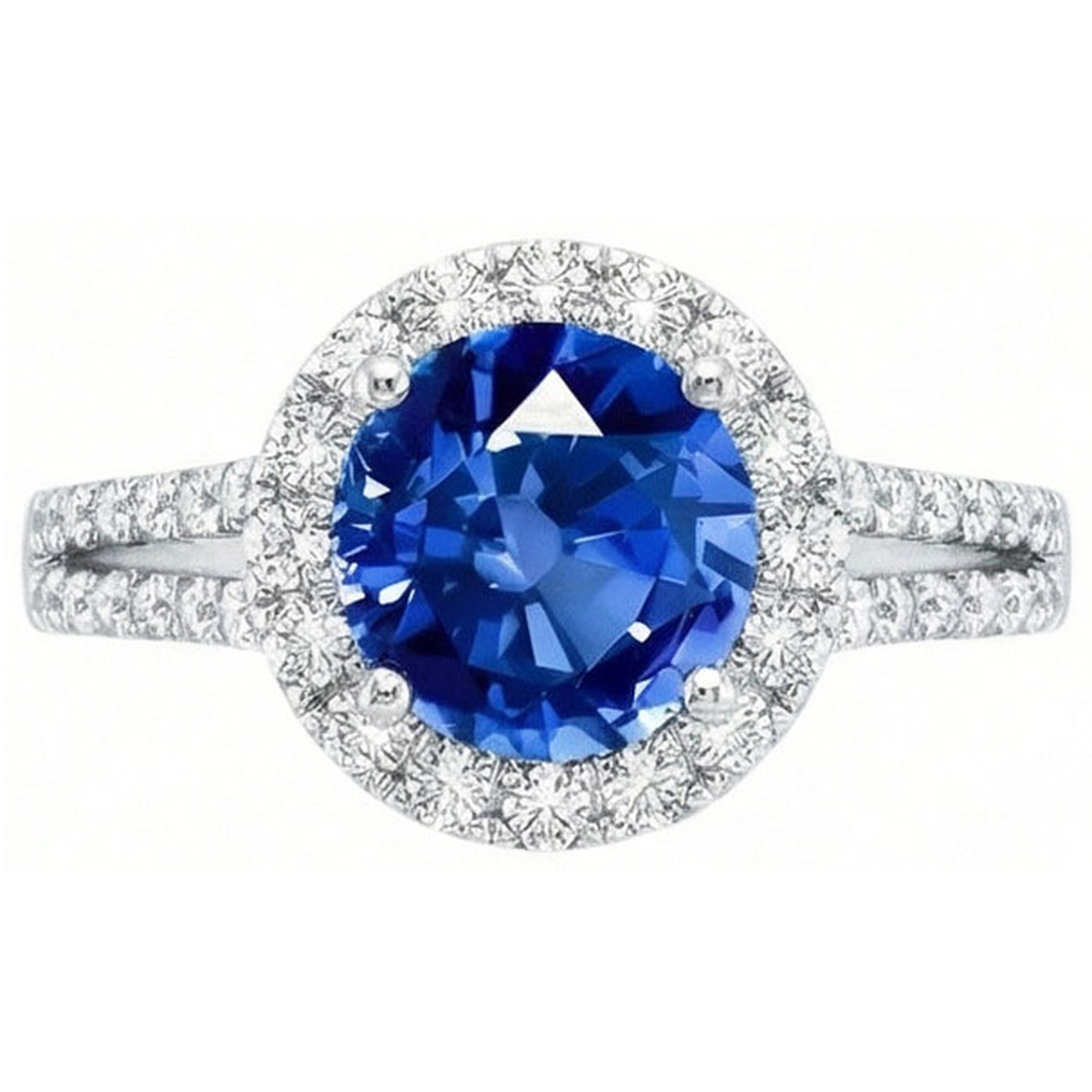 5 Kt. runder Ceylon Saphir mit Aus der Erde Abgebauter Natürlicher Diamanten Ring Weißgold 14K