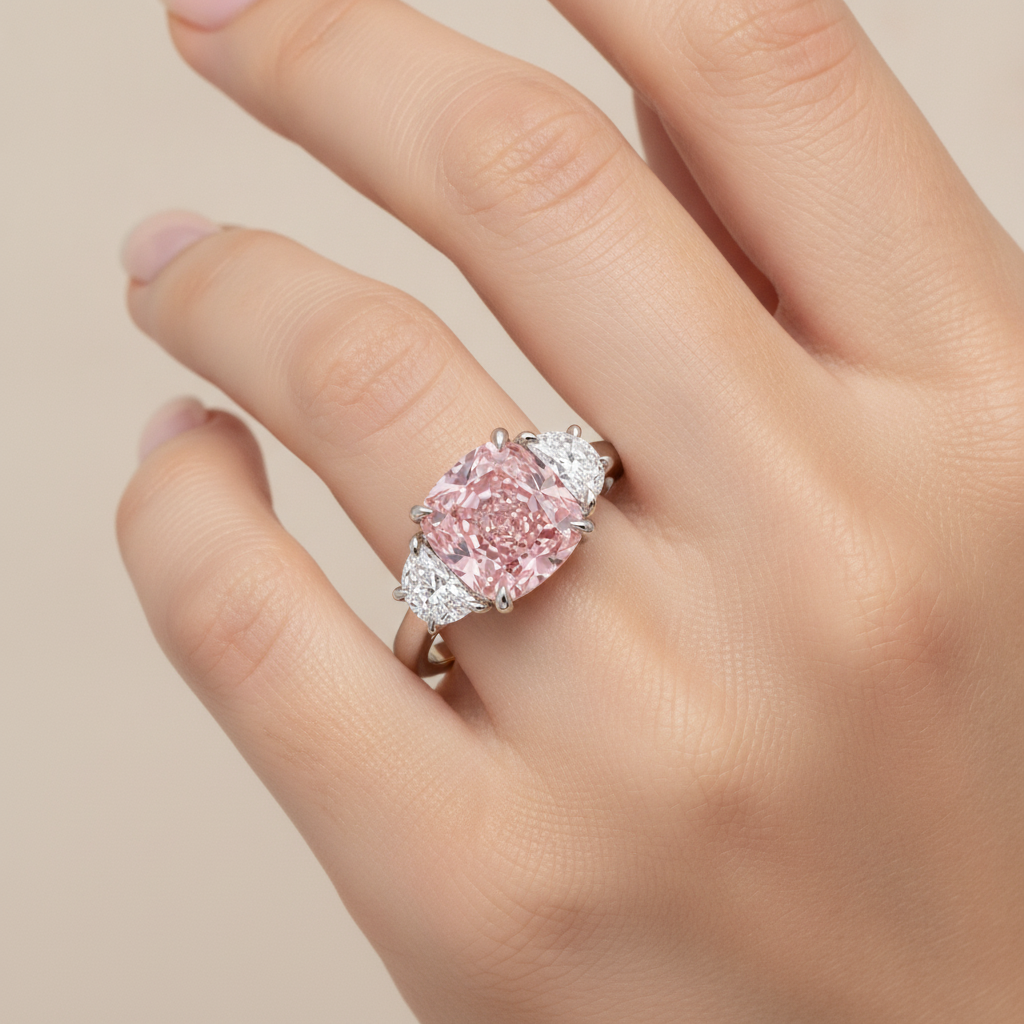 Dreistein-Ring mit rosa Diamant, 5 Karat, im Labor gezüchtet, Kissenschliff, 14 Karat Weißgold
