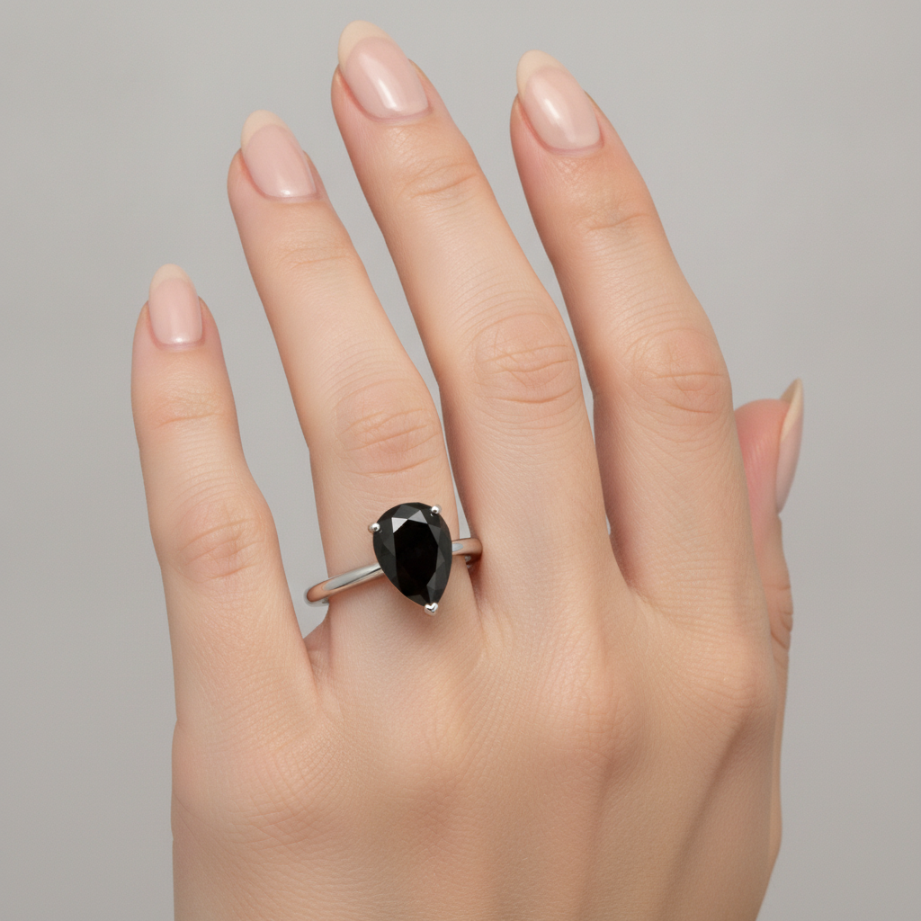 Verlobungsring mit dunklem Diamanten, 5 Karat, echter schwarzer Solitär in Tropfenform, verjüngt, 14 Karat Weißgold