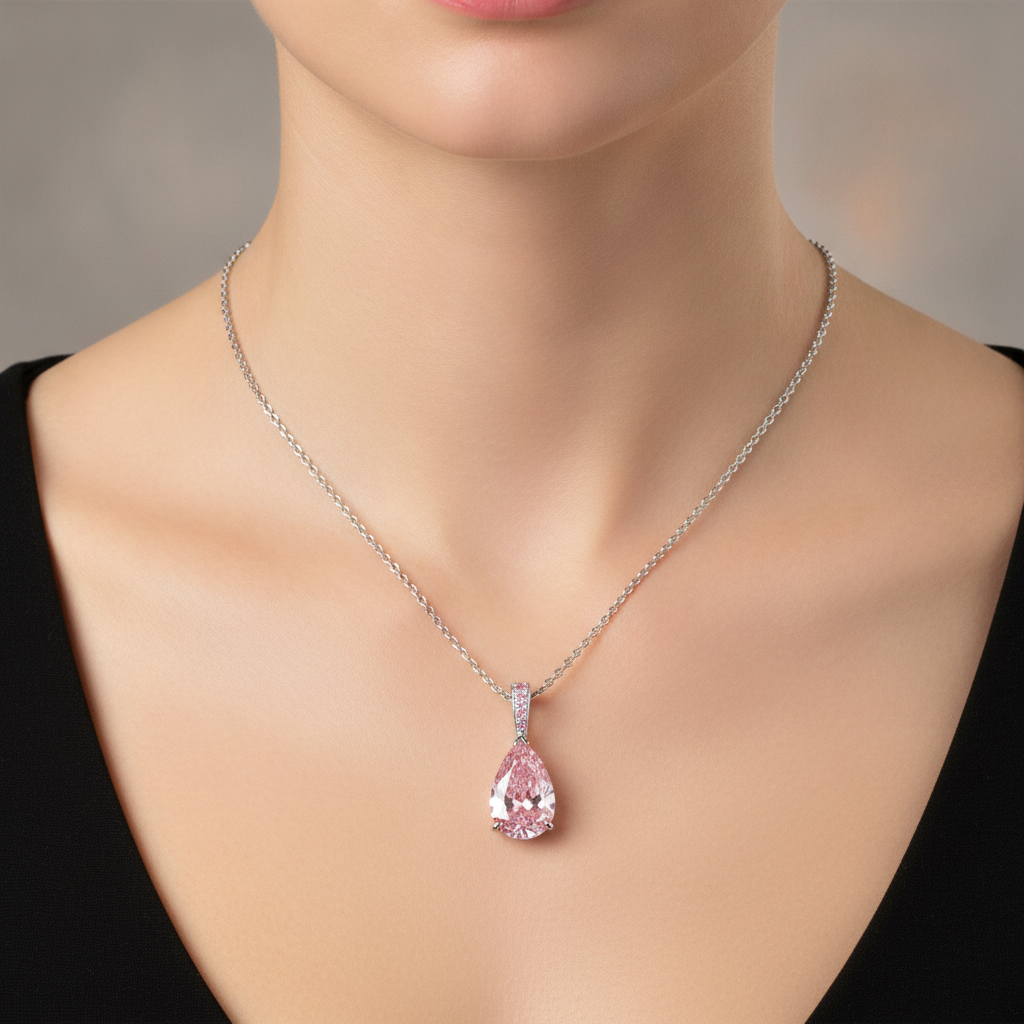 Halskette mit rosa Diamant-Anhänger 5 Karat im Labor gezüchtet Tropfenschliff Pavé Solitär 14 Karat Weißgold