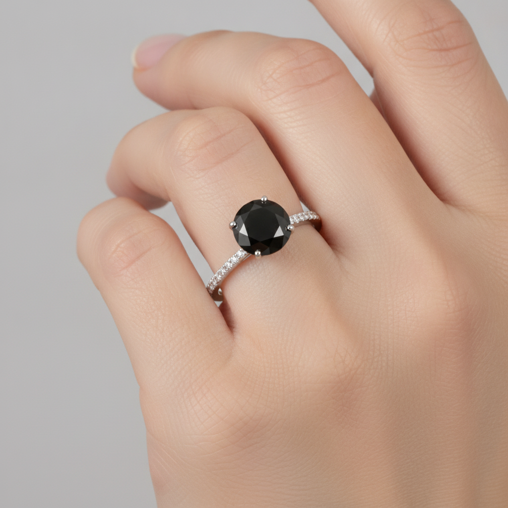 Verlobungsring mit schwarzem Diamanten 5 Karat Natürlicher runder Pavé-Solitär 14 Karat Weißgold