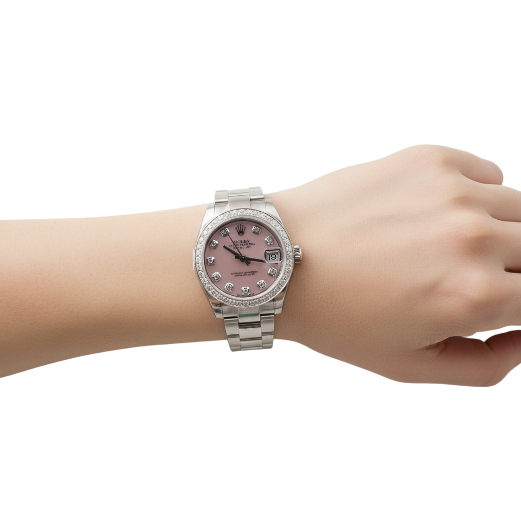 Rolex Datejust-Uhr, rosa Perlmutt-Zifferblatt, individuelle Diamant-Lünette, Edelstahl