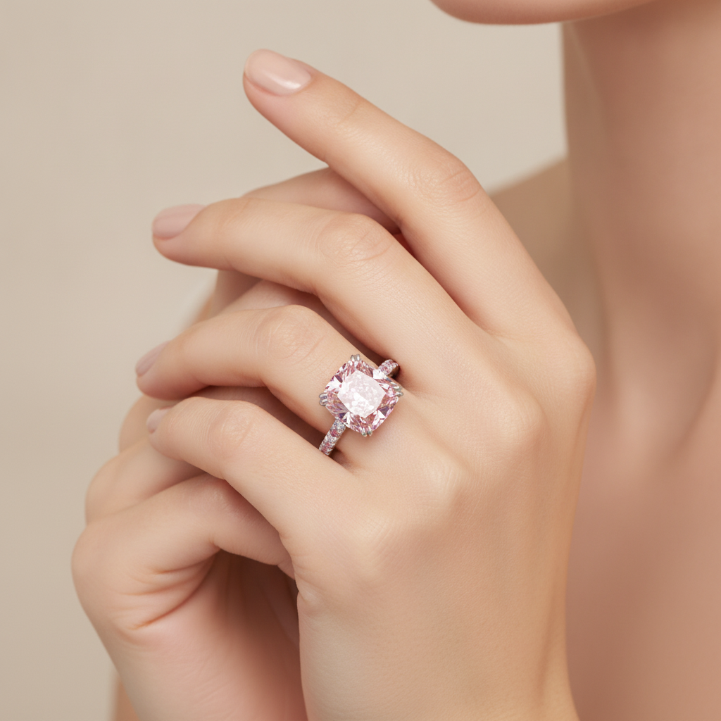 Rosa Diamantring 6 Karat im Labor gezüchtet Kissenschliff Pavé 14 Karat Weißgold