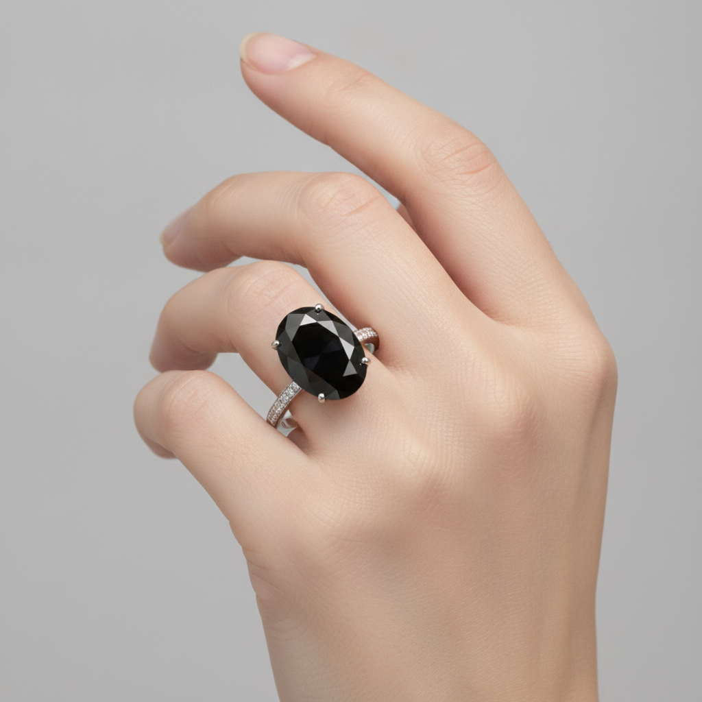 Antragsring mit schwarzem Diamanten 6 Karat natürlicher ovaler Solitär 14 Karat Weißgold