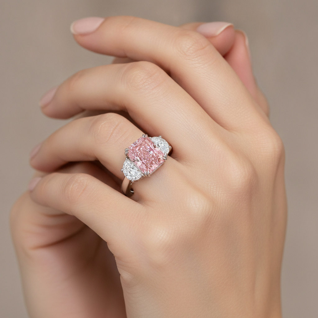 Pinkfarbener Diamantring 6 Karat im Labor gezüchtet Radiant-Schliff Dreistein Schlicht 14 Karat Weißgold