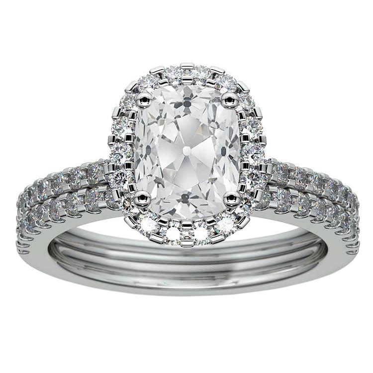 7 Karat Halo Rund & Kissen alter Bergmann Echt Diamant Ehering Set