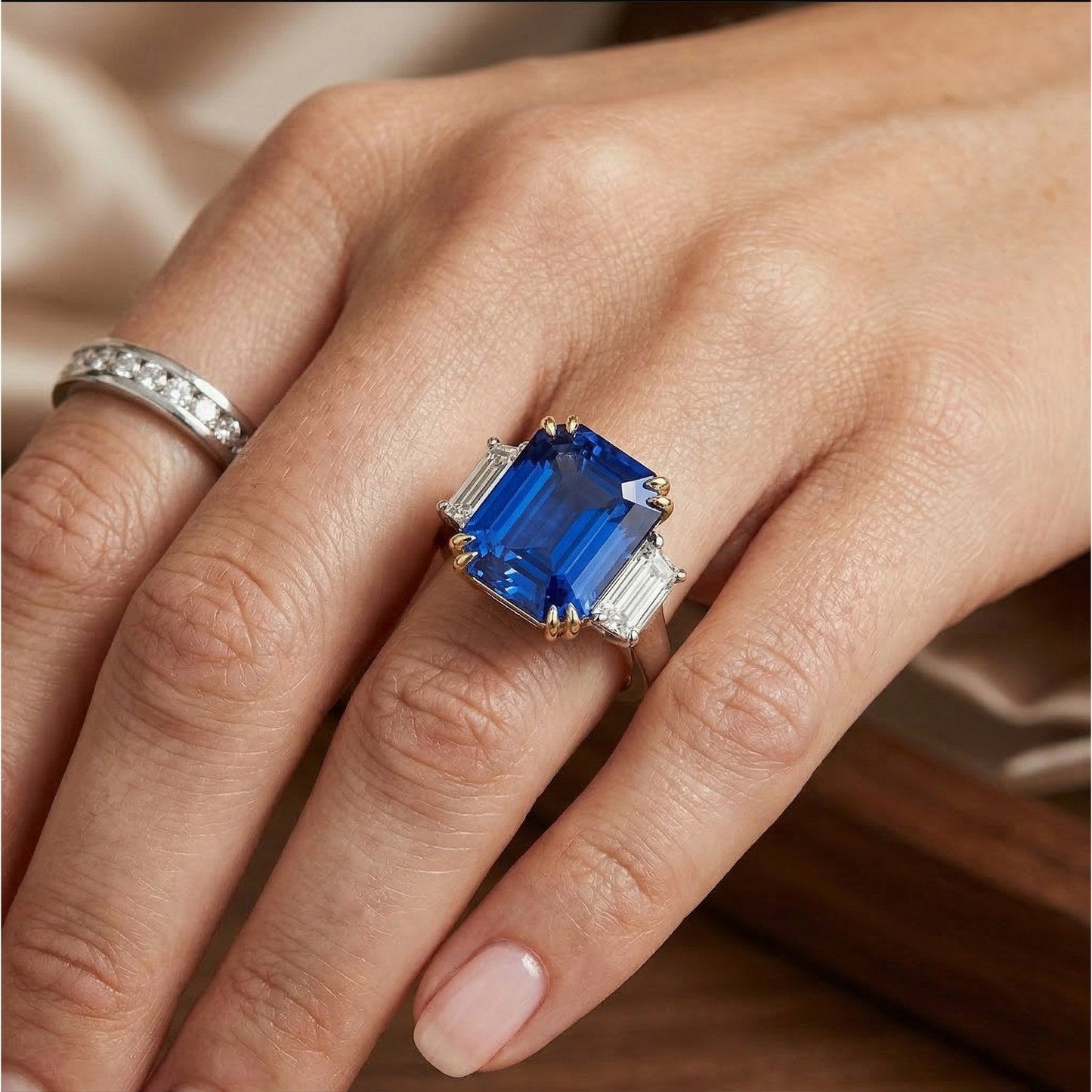 8 Carat blauer Saphir- und Aus der Erde Abgebauter Natürlicher Diamantring