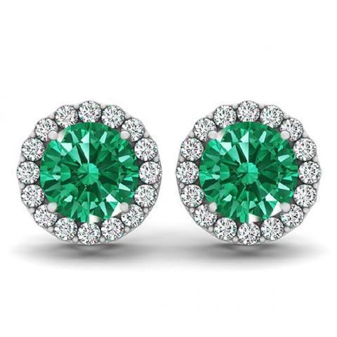 9 Karat Runder Grün Smaragd- Und Halo-Diamant-Ohrstecker Weißgold 14K