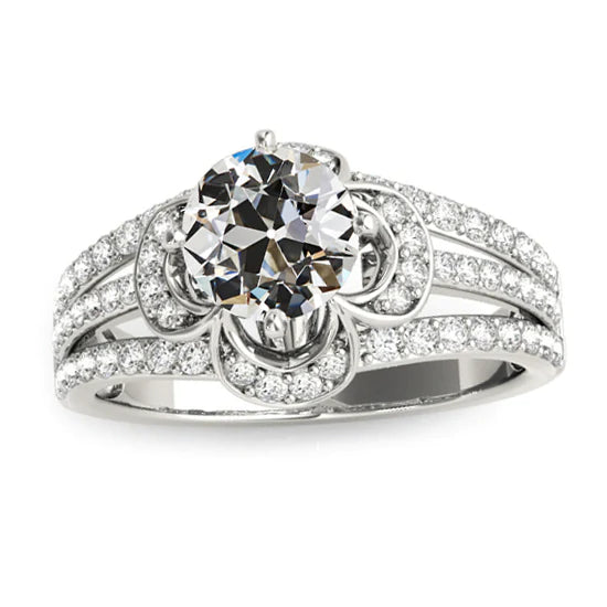 Altschliff Echt Diamantring Blumenstil Dreireihige Akzente Gold 5.50 Karat