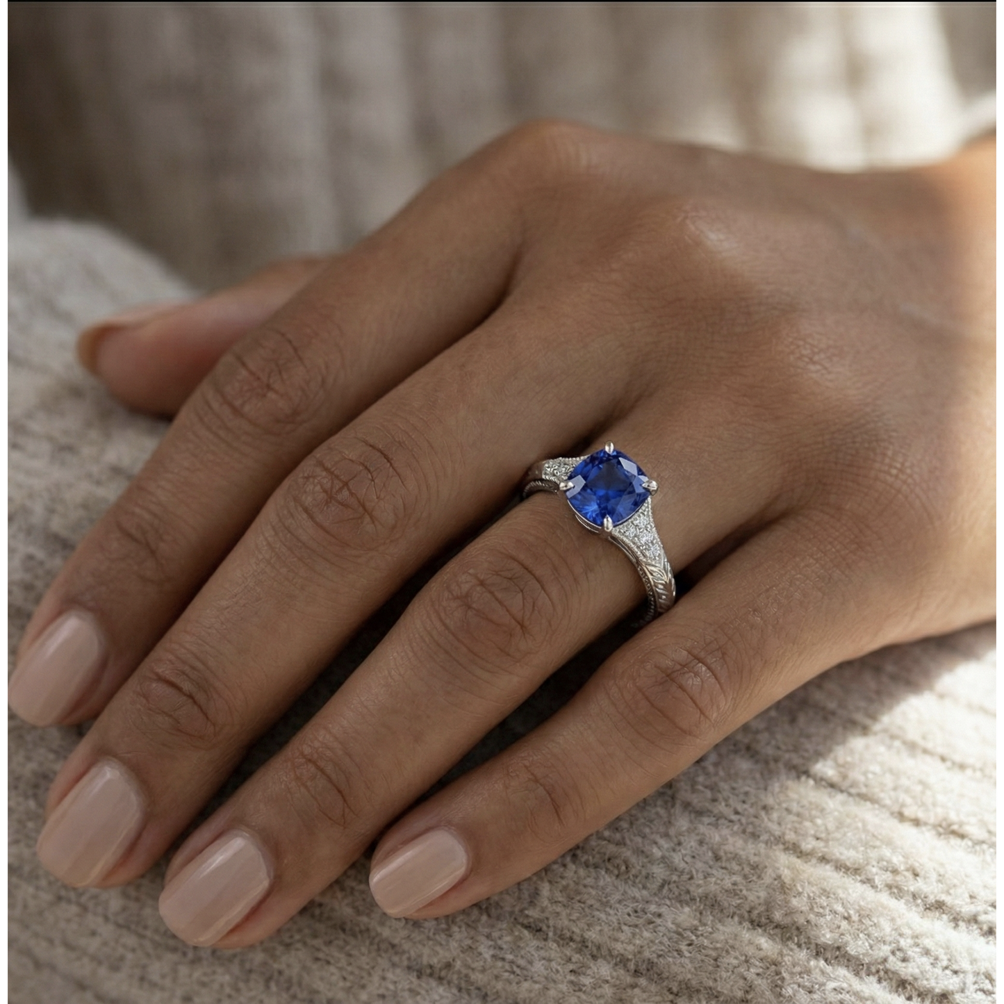 Antiker Stil Edelstein Schmuck Kissen Blauer Saphir Ring 2 Karat