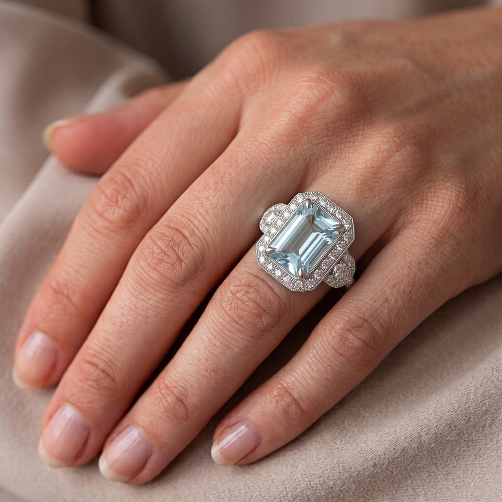 Aquamarin und Aus der Erde Abgebauter Natürlicher Diamanten 5.80 ct Jubiläumsring Neu Weißgold 14K