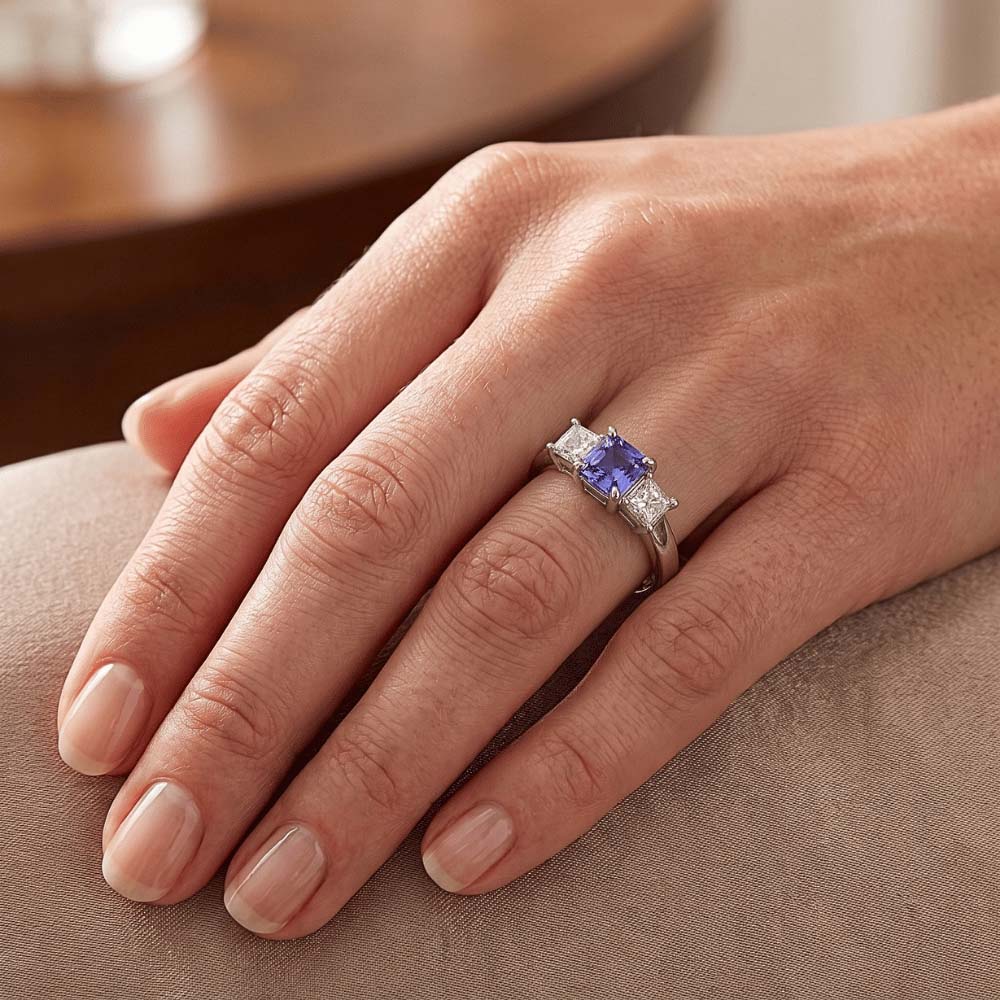 Asscher Saphir 3 Steine Ring 1,50 Karat Funkelnde Prinzessin Aus der Erde Abgebauter Natürlicher Diamanten