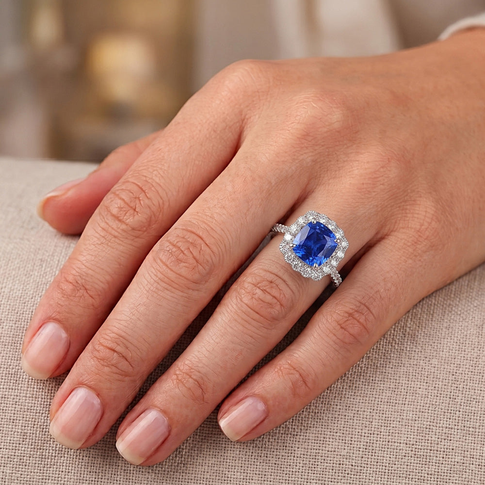 Aus der Erde Abgebauter Natürlicher Diamant Halo Edelstein Verlobungsring 3,25 Karat Ceylon Saphir Neu