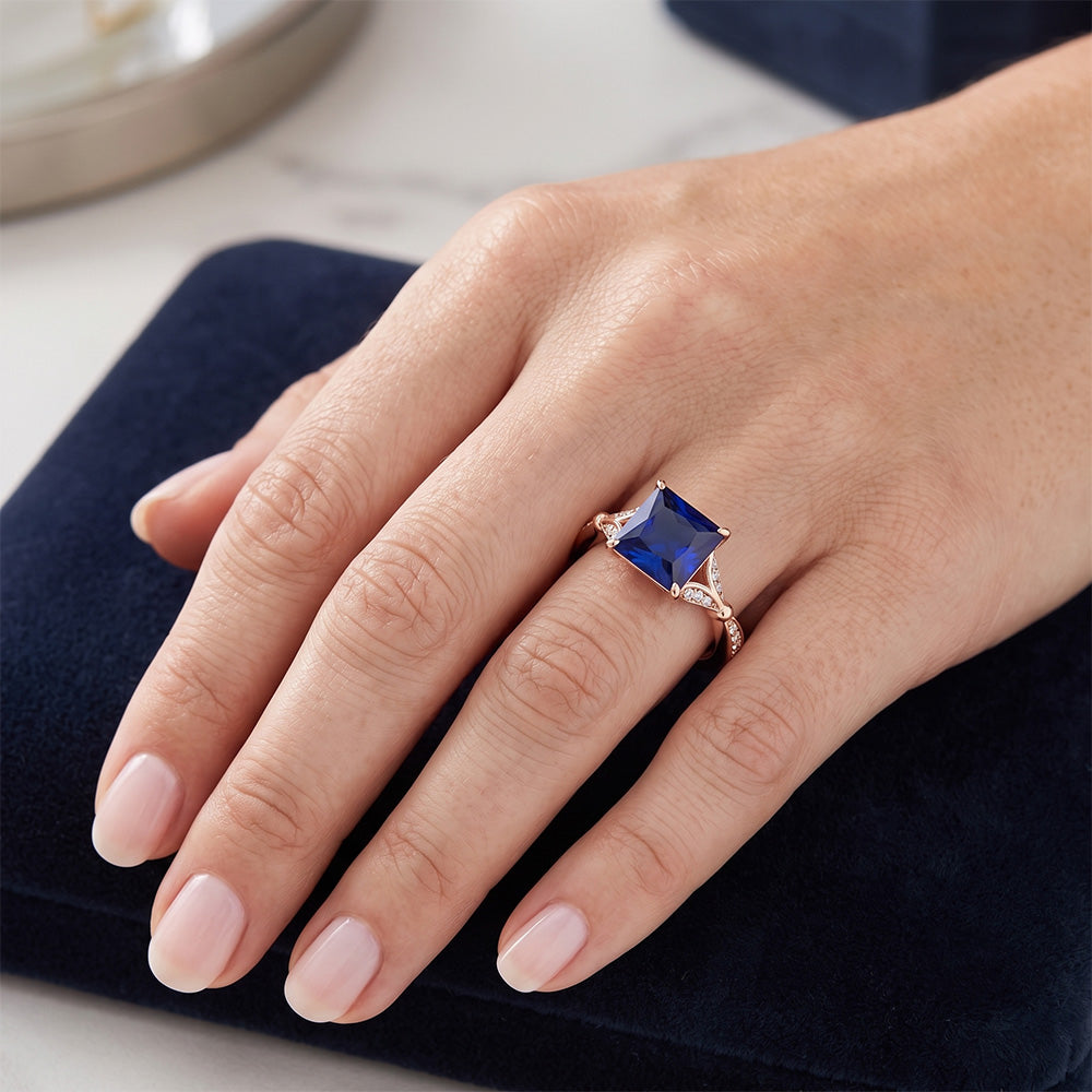 Aus der Erde Abgebauter Natürlicher Diamant-Verlobungsring Krappenset Princess Blue Sapphire 3,75 Karat