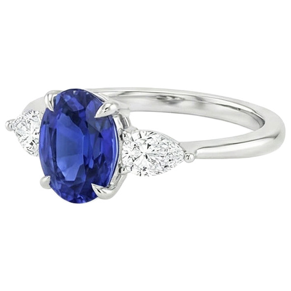 Natürlicher Diamant ( nicht im Labor gezüchtet )-Drei-Steine-Ring Oval Cut Ceylon Saphir 3,50 Karat