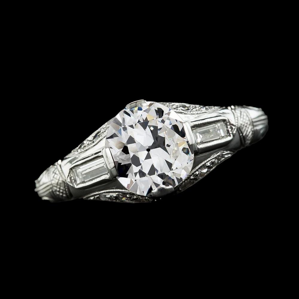 Baguette Drei-Steine-Ring Runder Natürliche Diamant Alteuropäischer 2.75 Karat