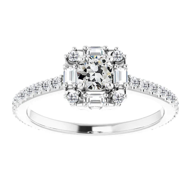 Baguette & Runder Halo-Ring mit Echt Diamanten im alten Minenschliff Gold 4.50 Karat