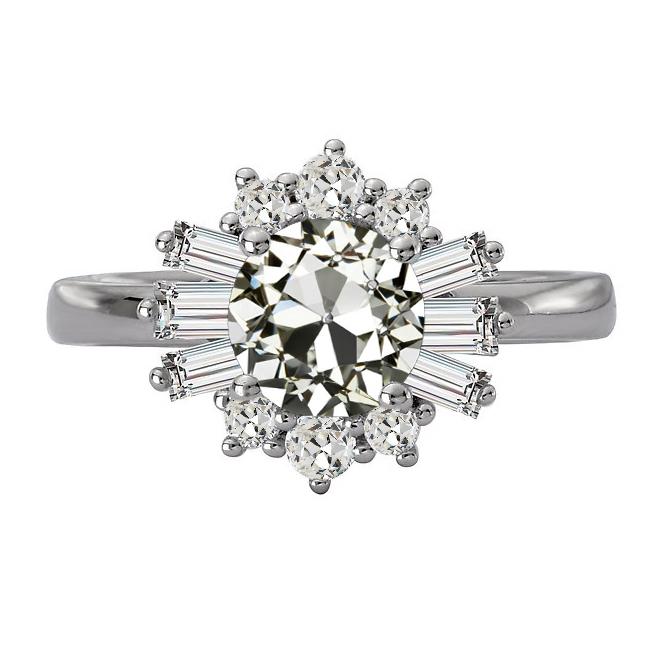 Baguette & Runder Halo-Ring mit Echt Diamanten im alten Minenschliff. 6 Karat Gold