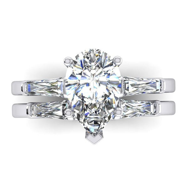 Birnen Förmiges Echt Diamant Ehering-Set 2,85 Karat Mit Baguettes