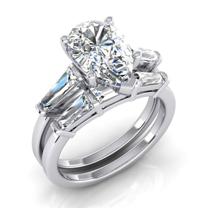Birnen Förmiges Echt Diamant Ehering-Set 2,85 Karat Mit Baguettes