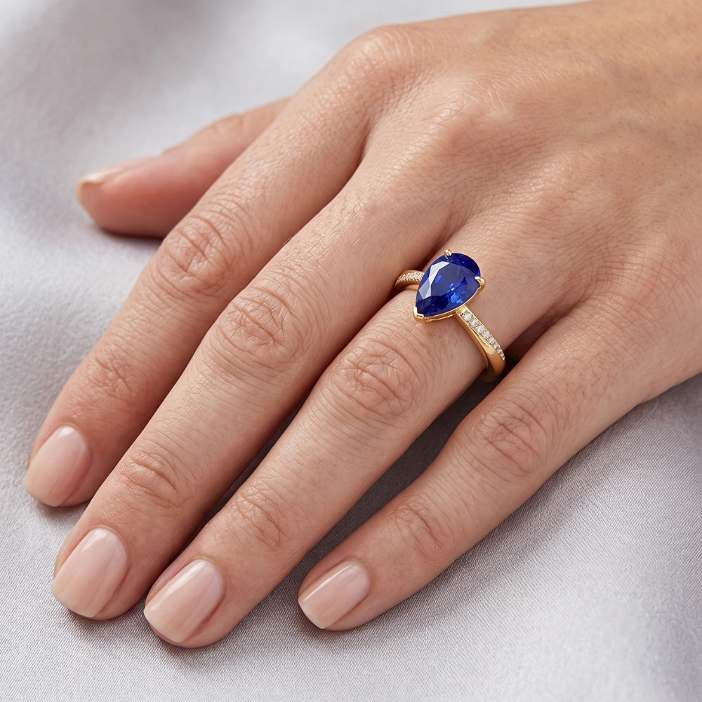 Birnen-Solitär-Srilanka-Saphir-Ring mit Natürlicher Diamant ( nicht im Labor gezüchtet )akzenten 2,50 Karat