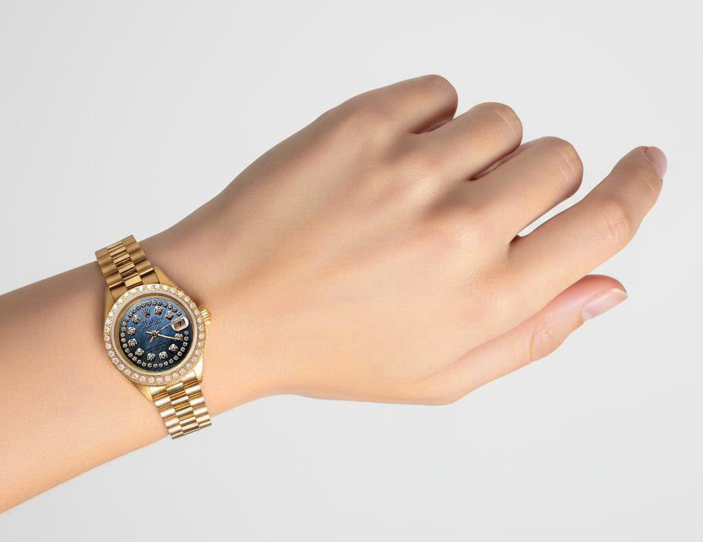 Blau Mop Zeichenfolge Diamant Zifferblatt Rolex Datejust Präsidial Betrachten Lünette P2