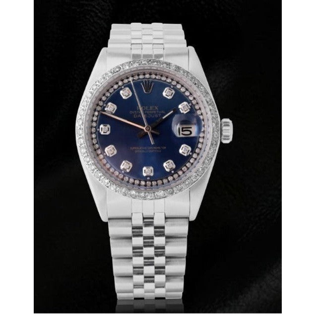 Blaue Schnur, Diamant-Zifferblatt, Lünette, Rolex-Uhr, Date Just-Edelstahl-Jubiläumsarmband, SCHNELLES SET