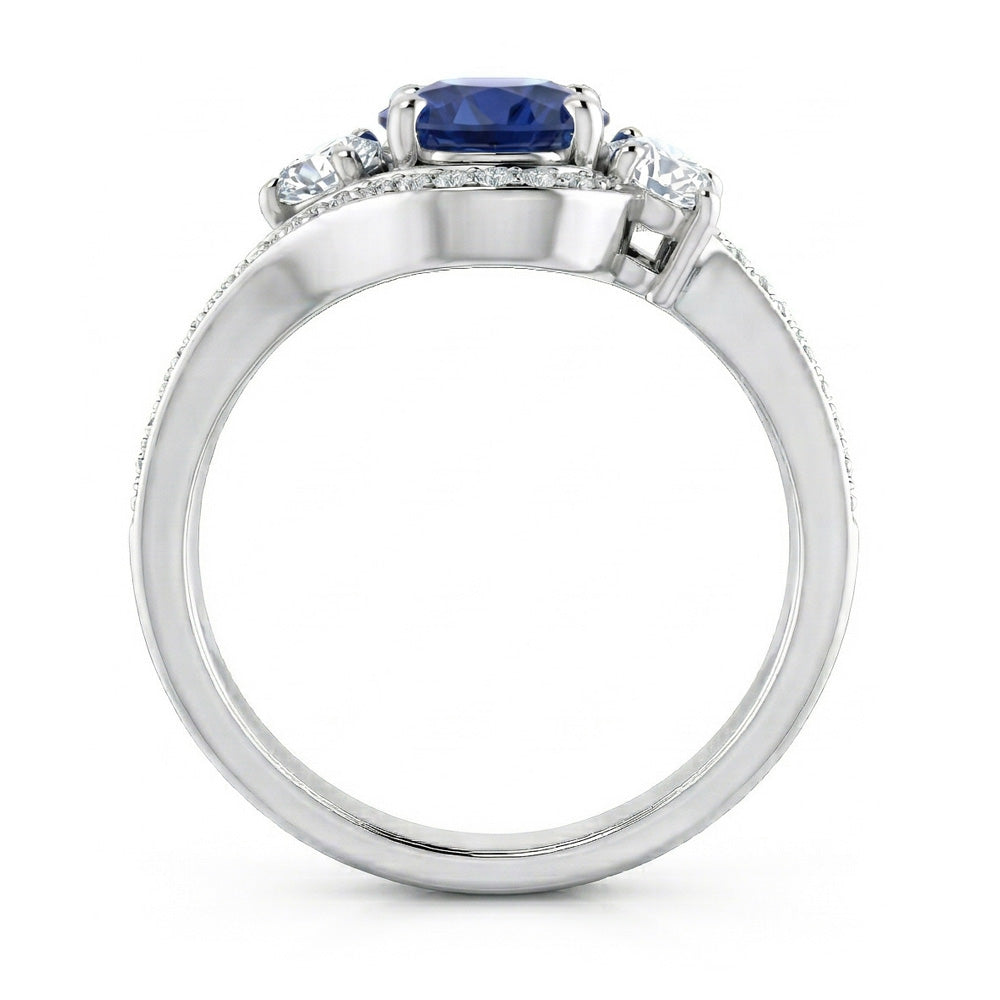 Blauer Ceylon Saphir Aus der Erde Abgebauter Natürlicher Diamant Ring Weiß Gold 14K