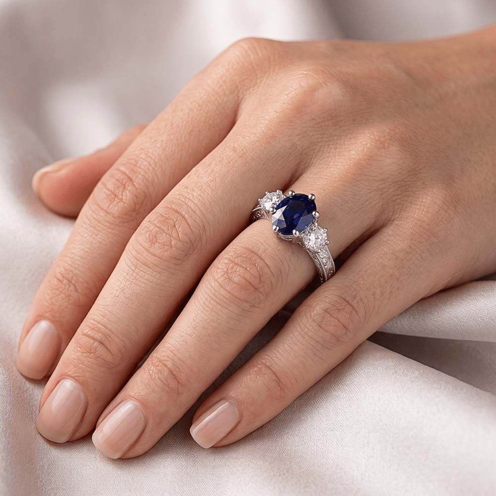Blauer Saphir 3 Steine Ring & Natürlicher Diamant ( nicht im Labor gezüchtet )en 2,50 Karat Antiker Stil