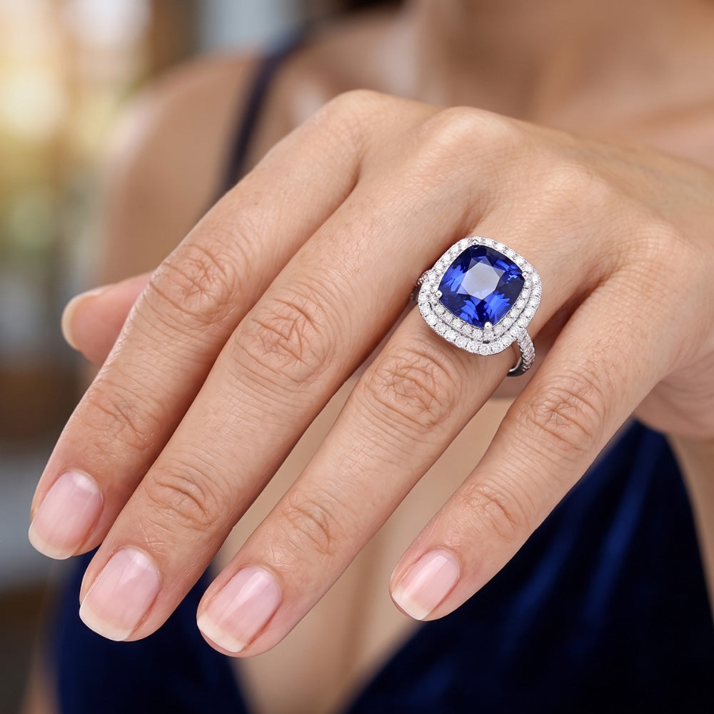 Blauer Saphir Doppel Halo Ring Gold 14K Natürlicher Diamant ( nicht im Labor gezüchtet )schmuck 5 Karat