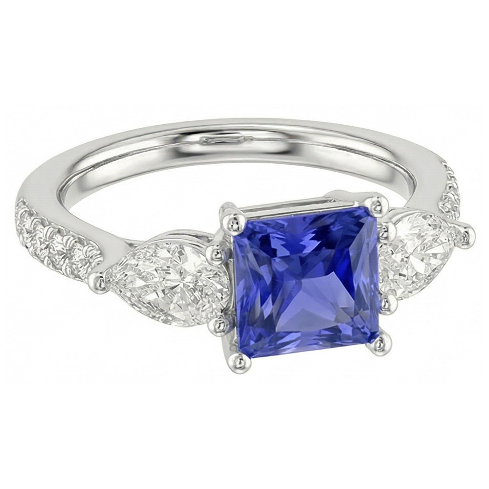 Blauer Saphir Edelstein Radiant Cut Ring Birne & Runde Aus der Erde Abgebauter Natürlicher Diamanten 3 Karat