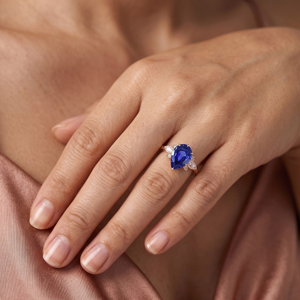 Blauer Saphir Edelstein Ring Birne & runder Natürlicher Diamant ( nicht im Labor gezüchtet ) Blumenstil 3 Karat
