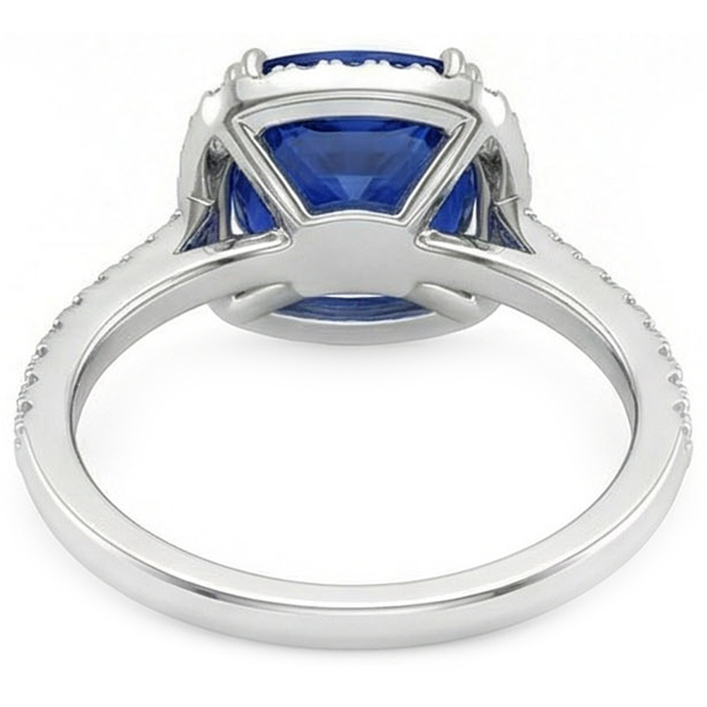 Blauer Saphir-Halo-Aus der Erde Abgebauter Natürlicher Diamant-Hochzeitsring im Kissenschliff 3,5 Karat Gold 14K