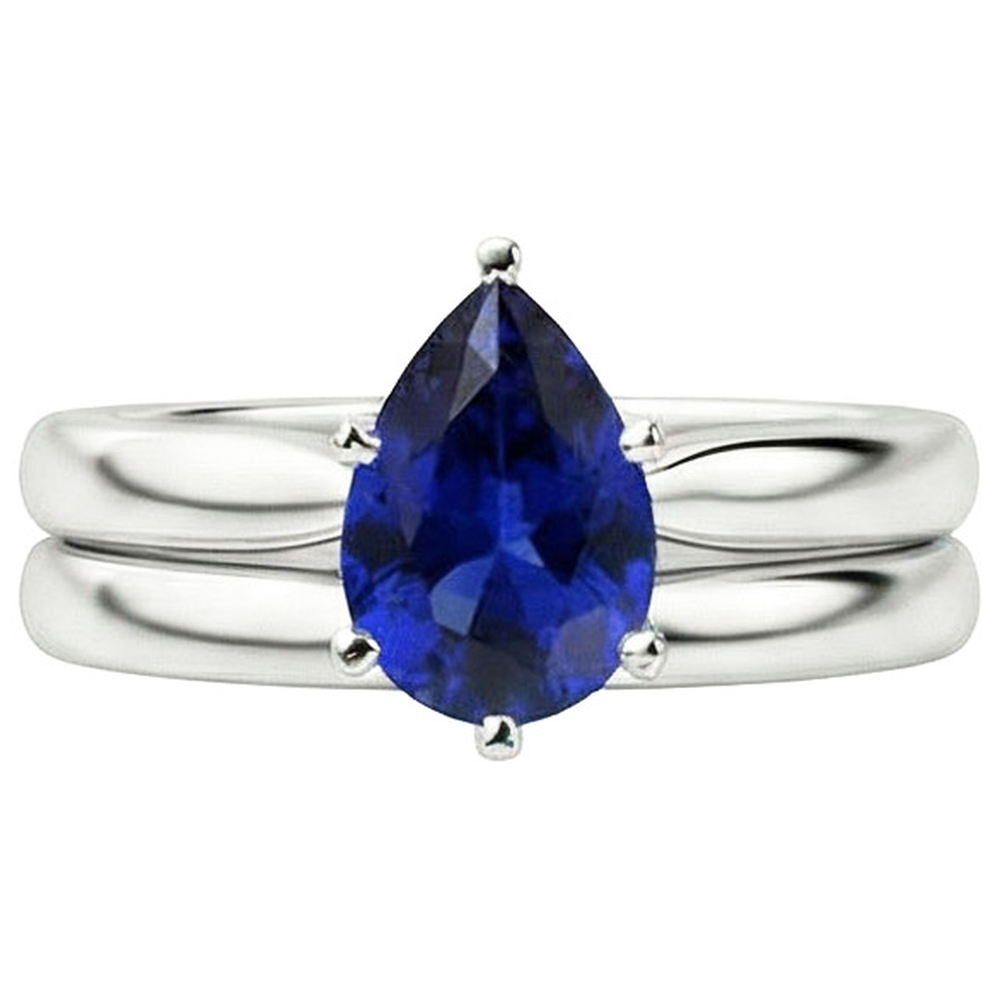 Blauer Saphir Trauring Set Solitär Birnenschliff Sri Lanka 2 Karat