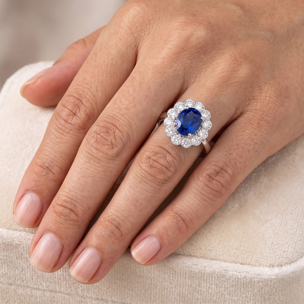 Blauer Saphir Und Aus der Erde Abgebauter Natürlicher Diamant Verlobungs Ring