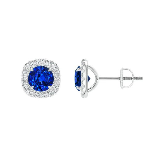 Blauer Runder Saphir und Halo Aus der Erde Abgebauter Natürlicher Diamant Ohrstecker