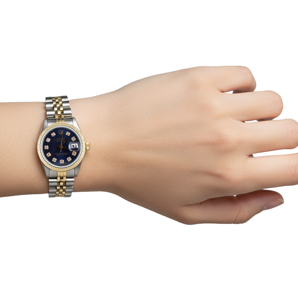 Blaues Diamant-Zifferblatt, geriffelte Lünette, Rolex DateJust-Uhr Edelstahl & Gold Jubilee P4