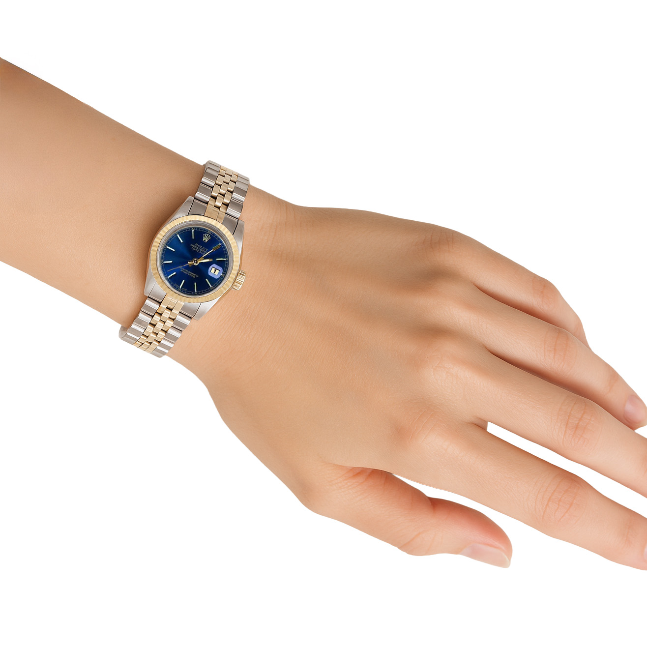 Blaues Stick-Zifferblatt mit geriffelter Lünette Datejust Rolex Damenuhr Edelstahl & Gold