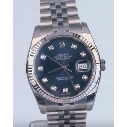 Blaues Zifferblatt, individuelle Diamanten, Rolex-Herren-Datumsuhr mit geriffelter Lünette, Edelstahl, SCHNELLES SET